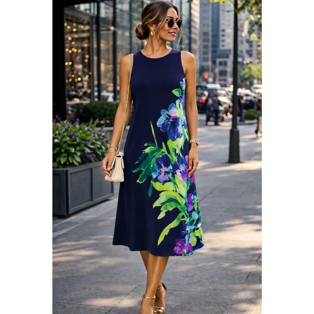 Lauren Ralph Lauren Navy Blue Tropical Floral Print Jersey Swing Dress Size 10